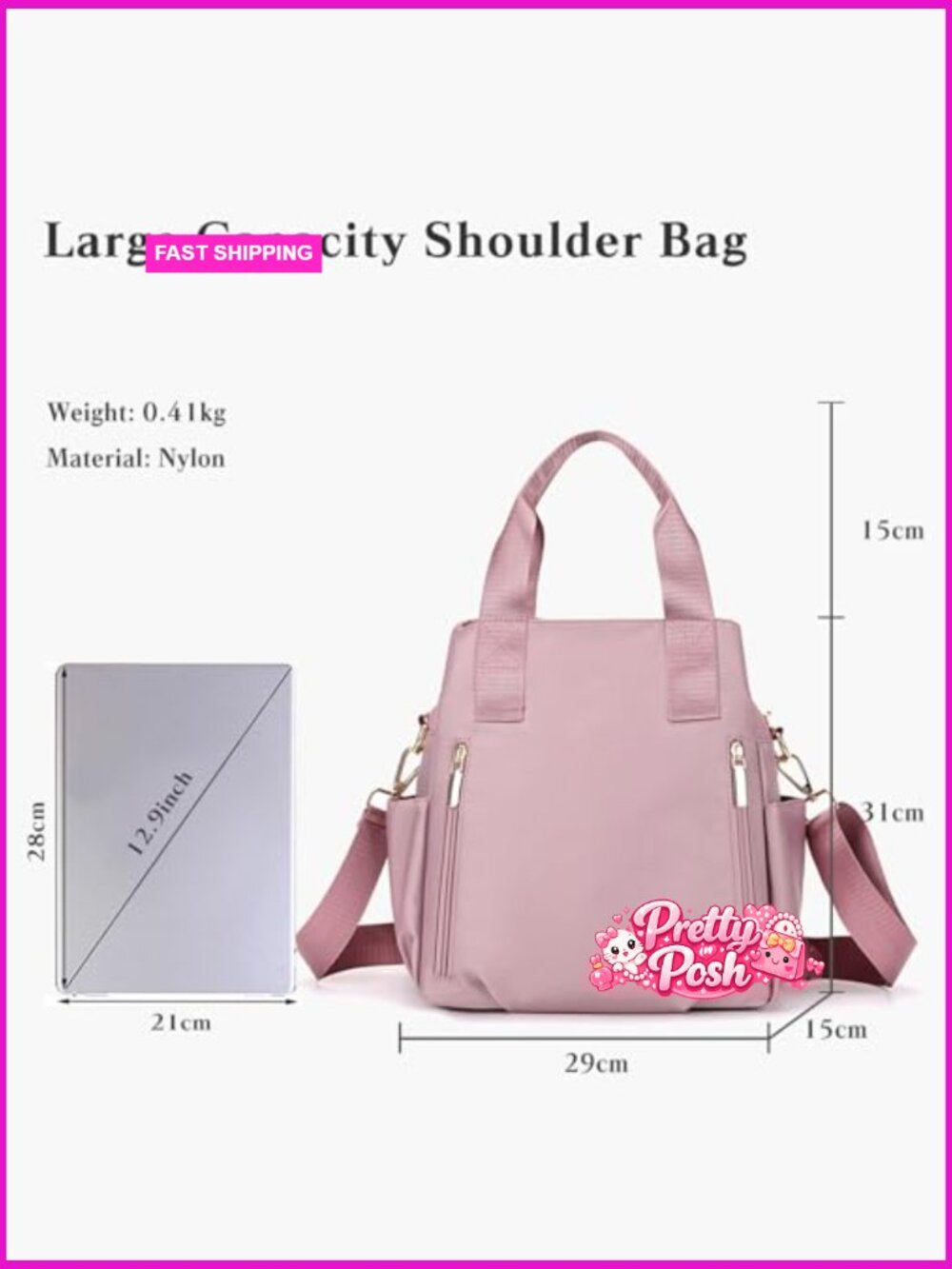 Waterproof Nylon Crossbody Bag with Multi Pockets Top Handle - Picture 3 of 6